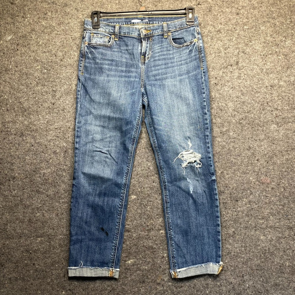 Old Navy Boyfriend Straight Cuffed Crop Capri Jeans Medium Wash Distressed Sz 2